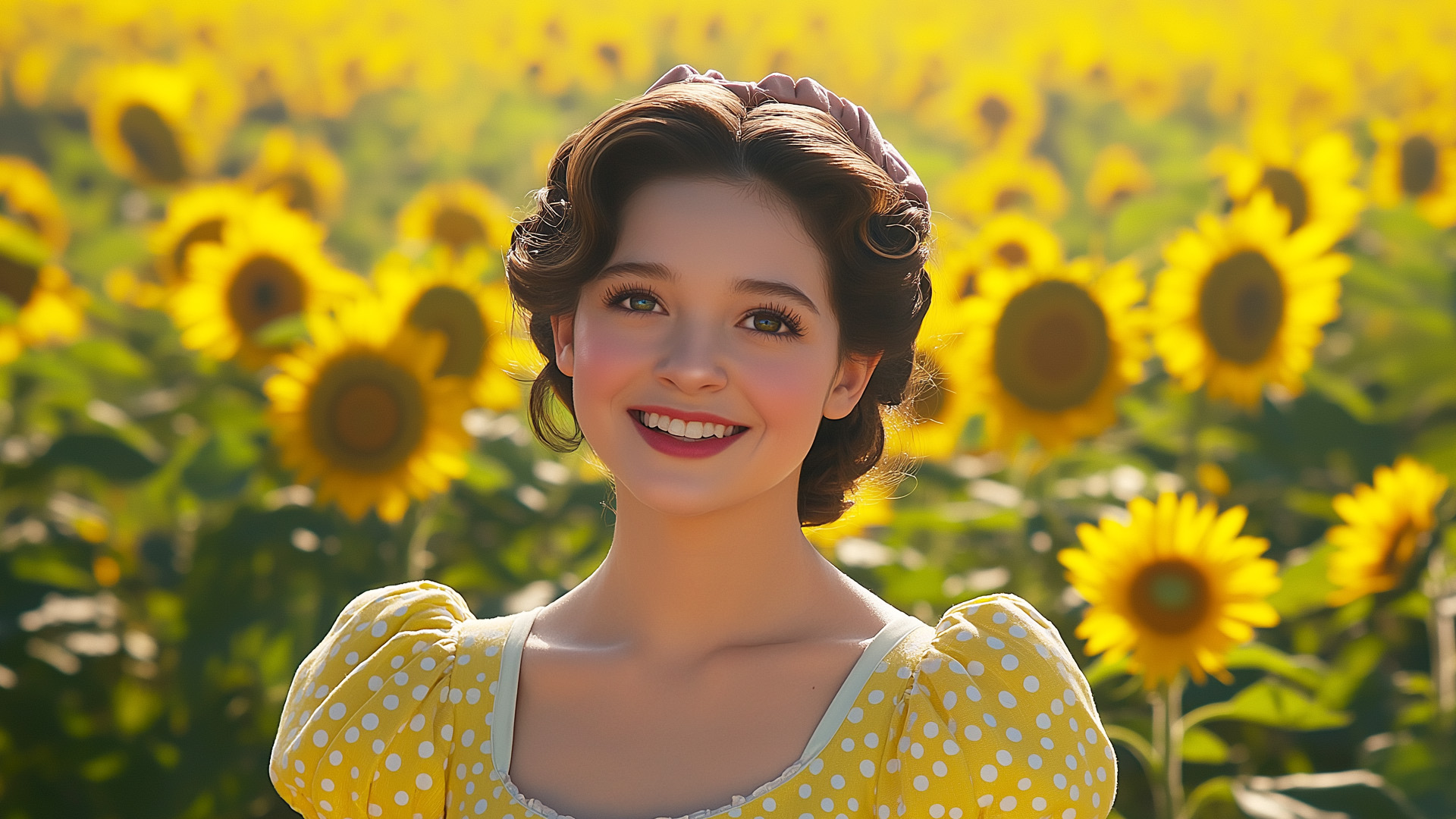 Young woman in a yellow dress with sunflowers