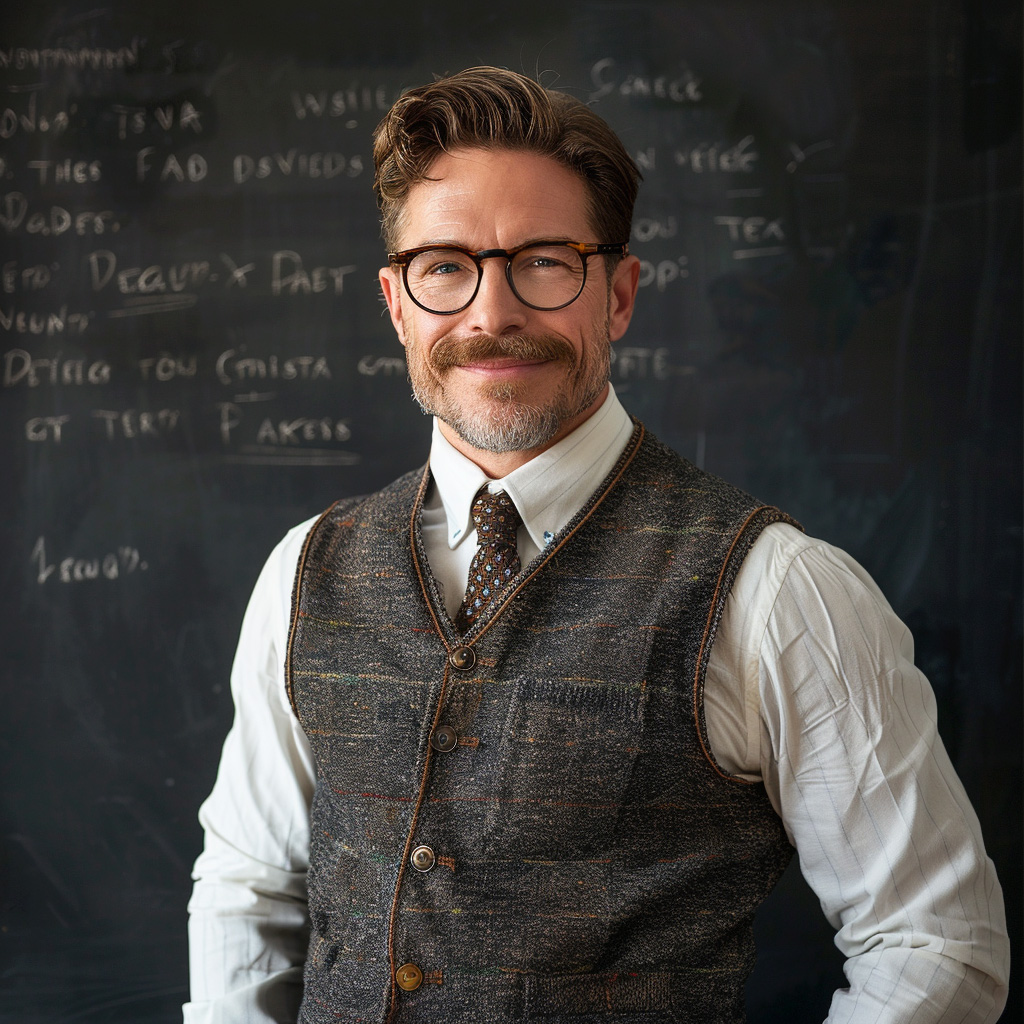 Middle-aged western man in vest and glasses