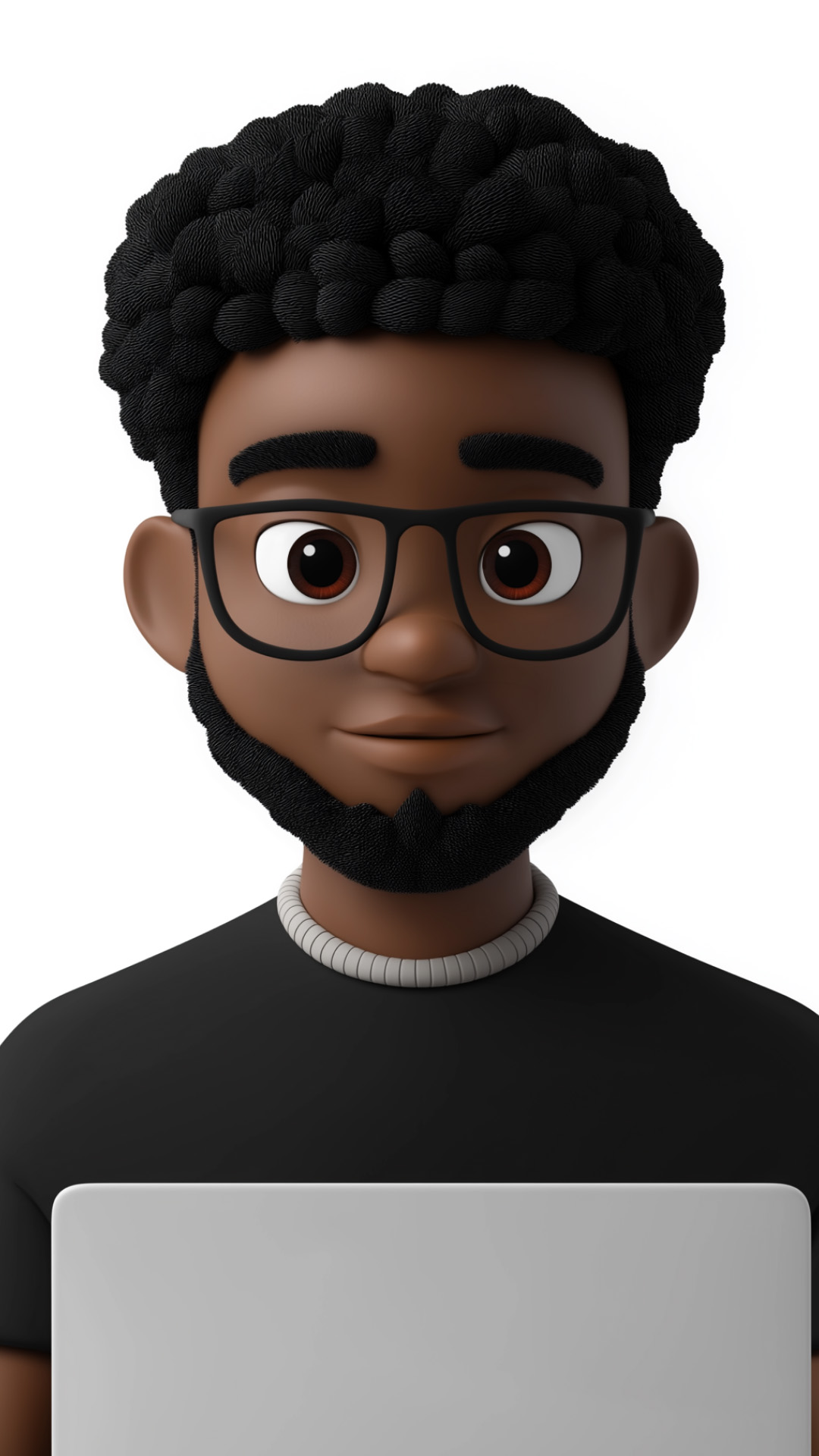 Young Black man with glasses and curly hair holding a laptop