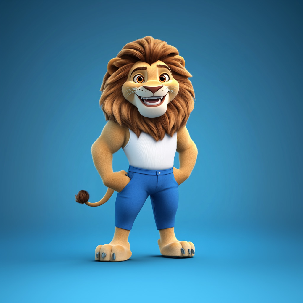 Cartoon lion character in casual outfit