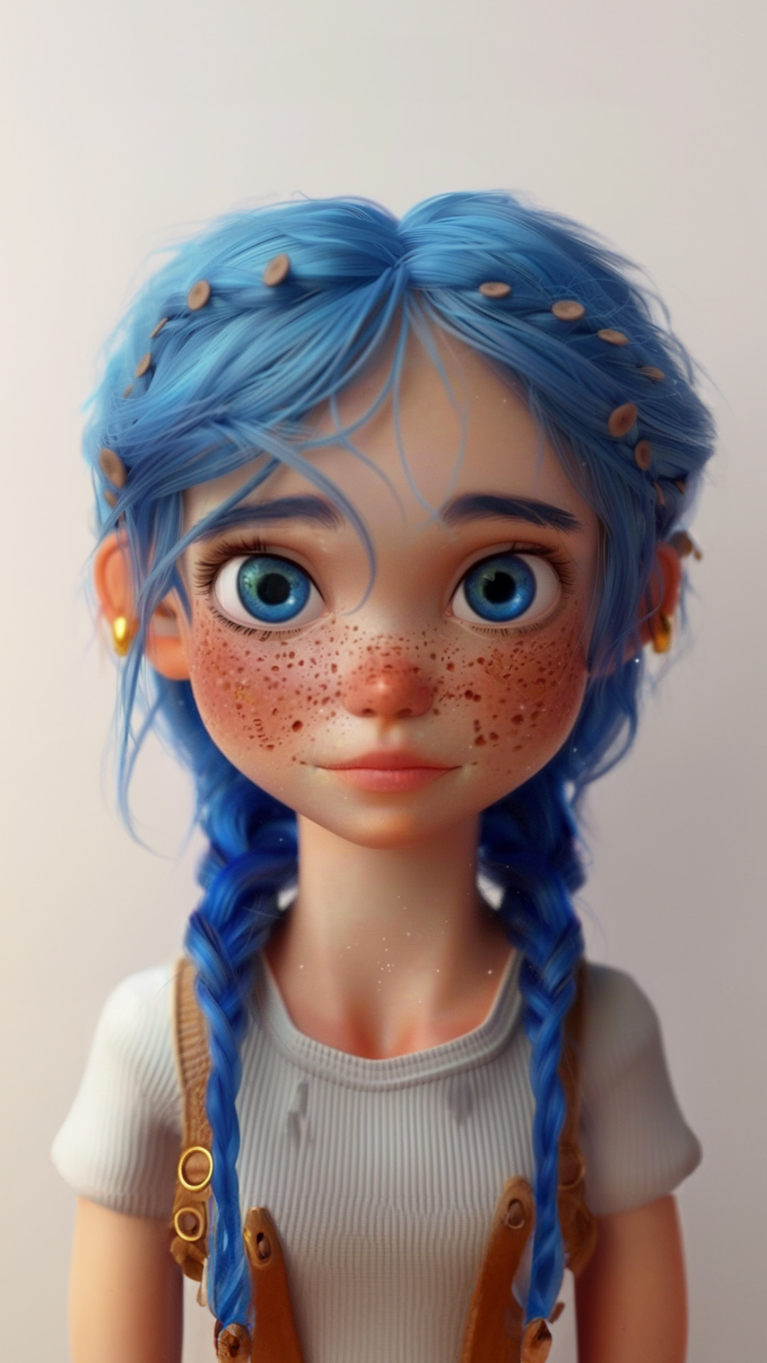 Young female character with blue hair and freckles