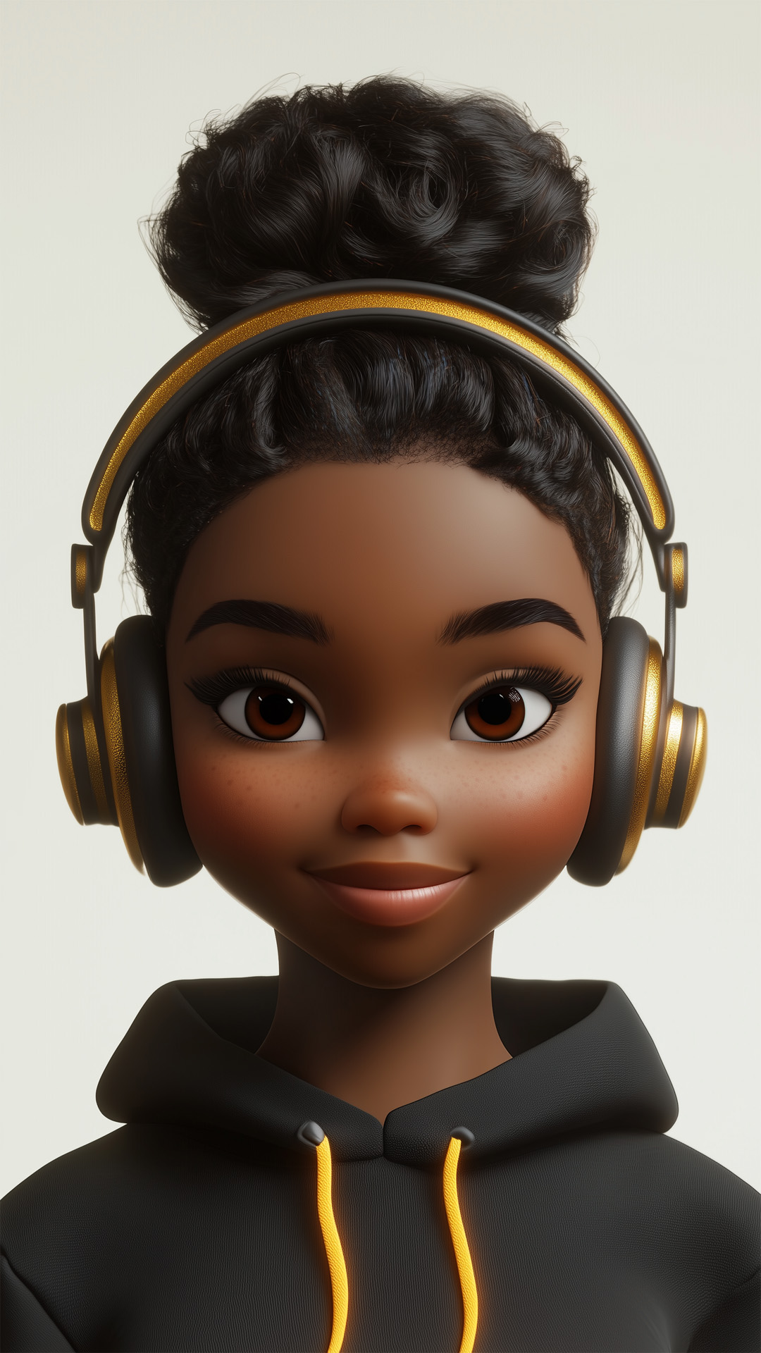 Young girl with curly hair wearing headphones and a hoodie