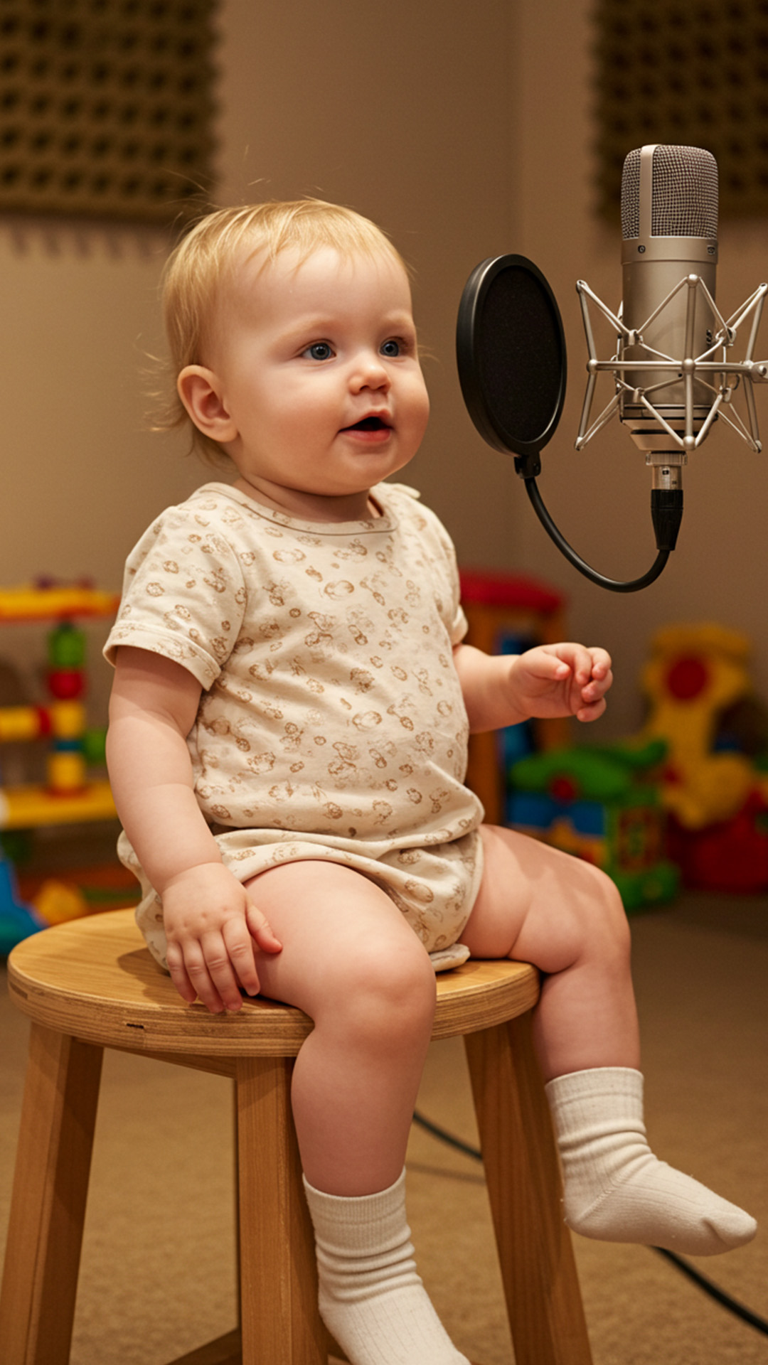 Young child sitting on a stool in front of a microphone