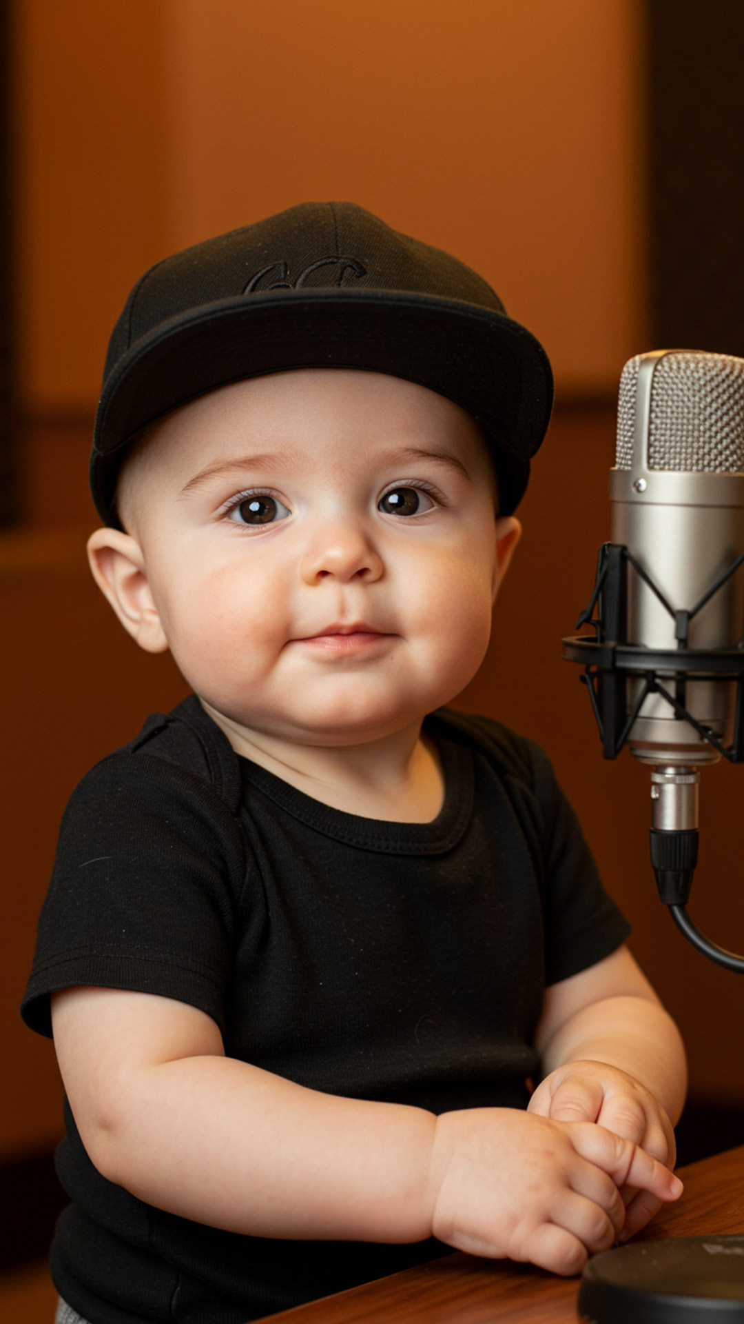 Baby boy in black shirt and cap