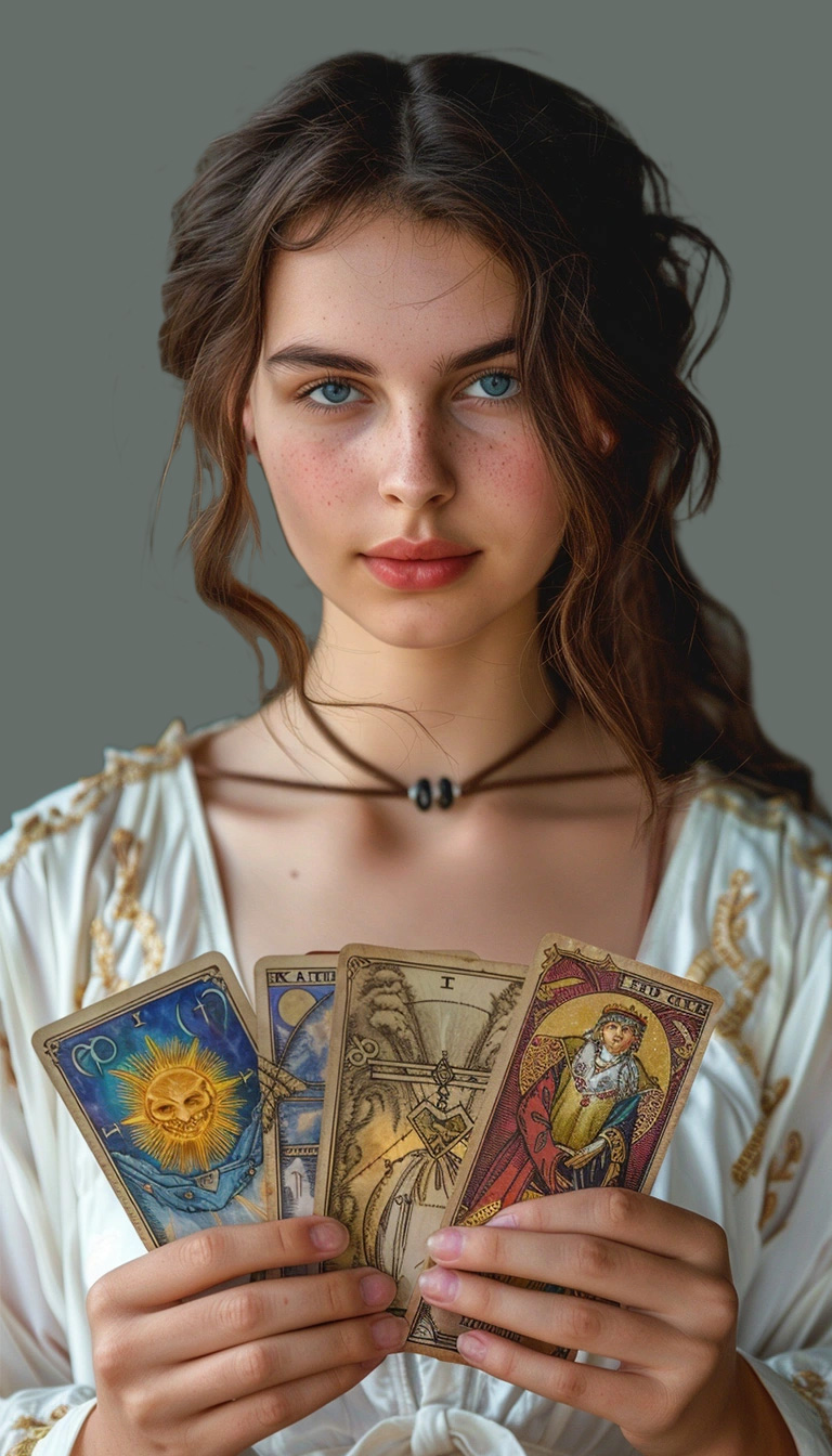 Young woman holding tarot cards