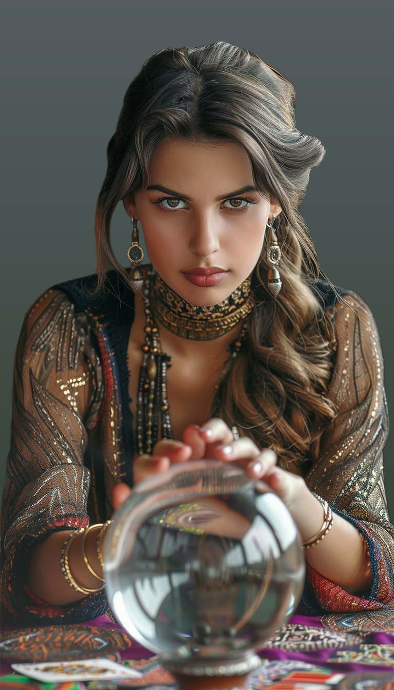 Young woman with long hair gazing into a crystal ball