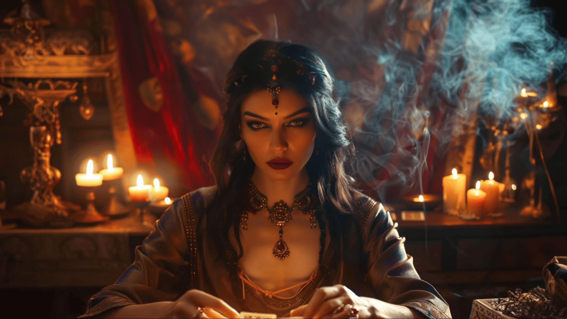 Mystical woman with dark hair and ornate jewelry