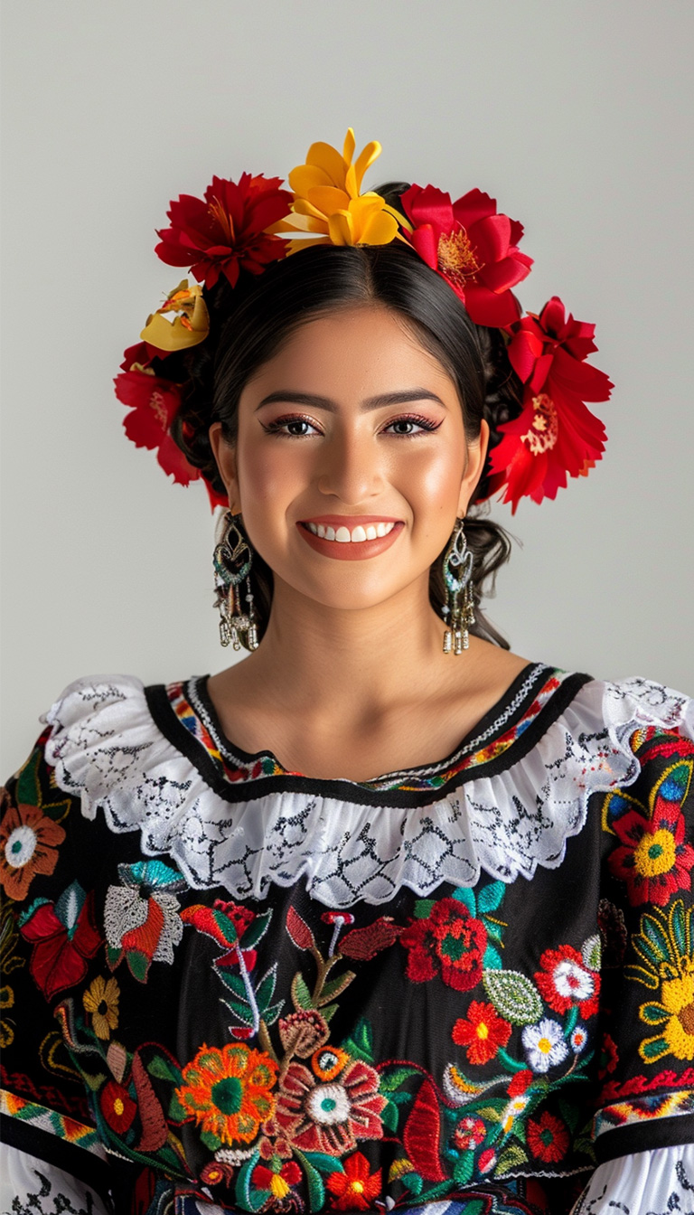 Young Latina woman in traditional dress with floral headpiece