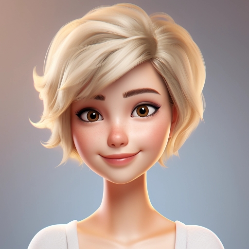 Young woman with short blonde hair and a cheerful expression