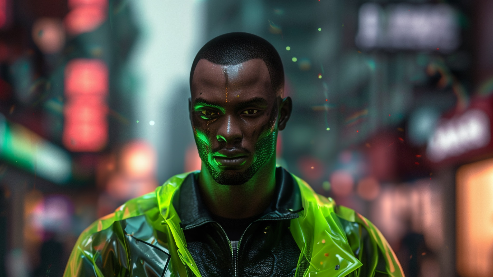 Black male in futuristic neon jacket
