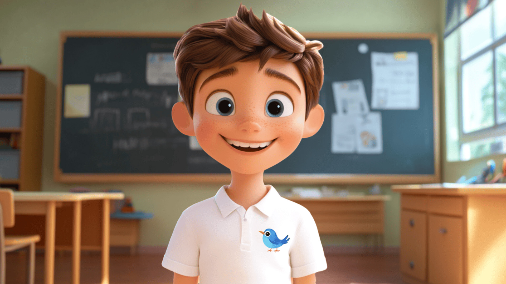 Young boy with short hair in a classroom