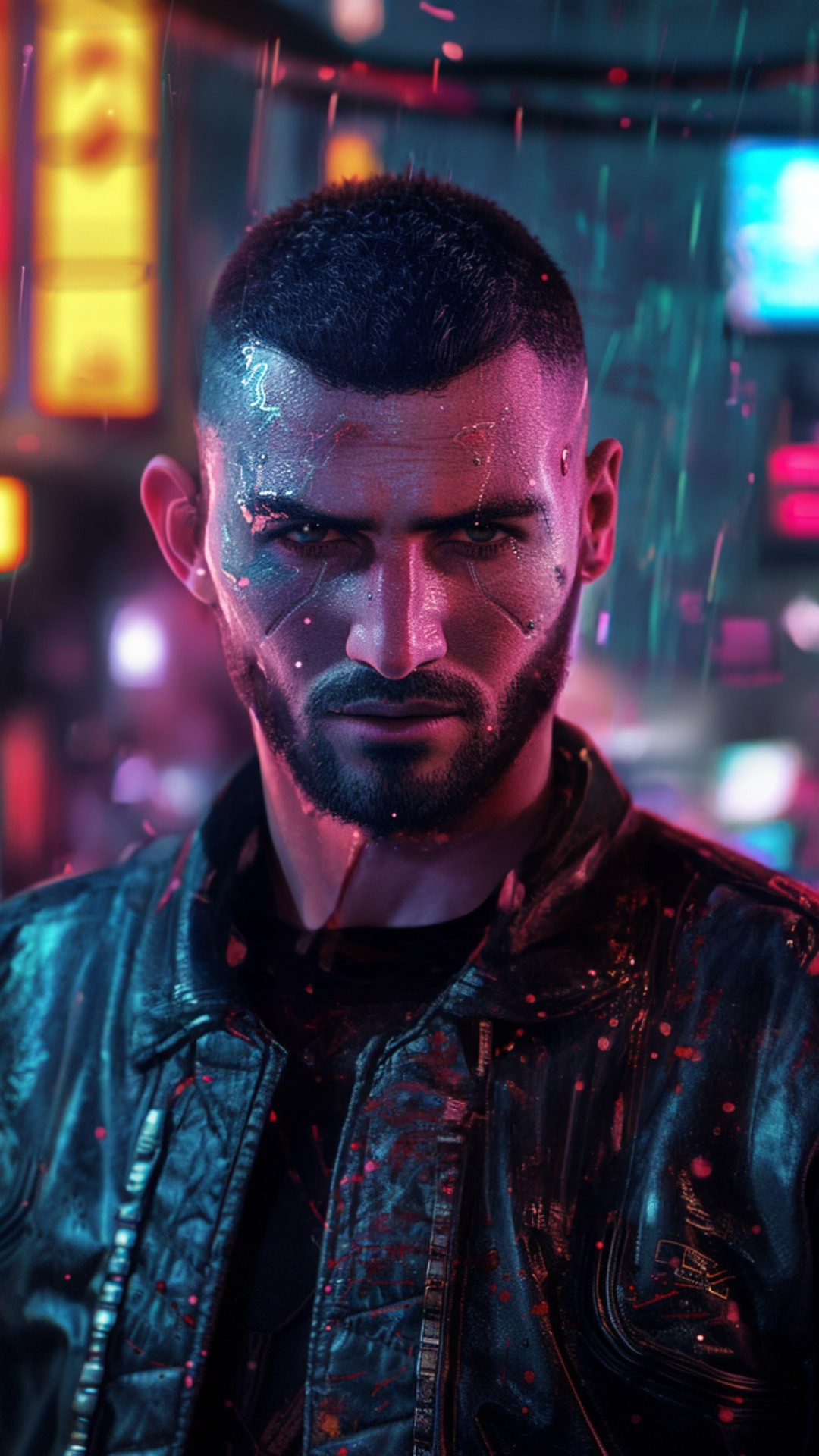 Young man with a beard in a futuristic jacket