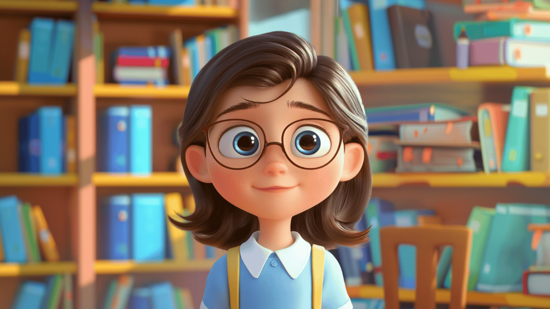 Young girl with glasses in a library setting