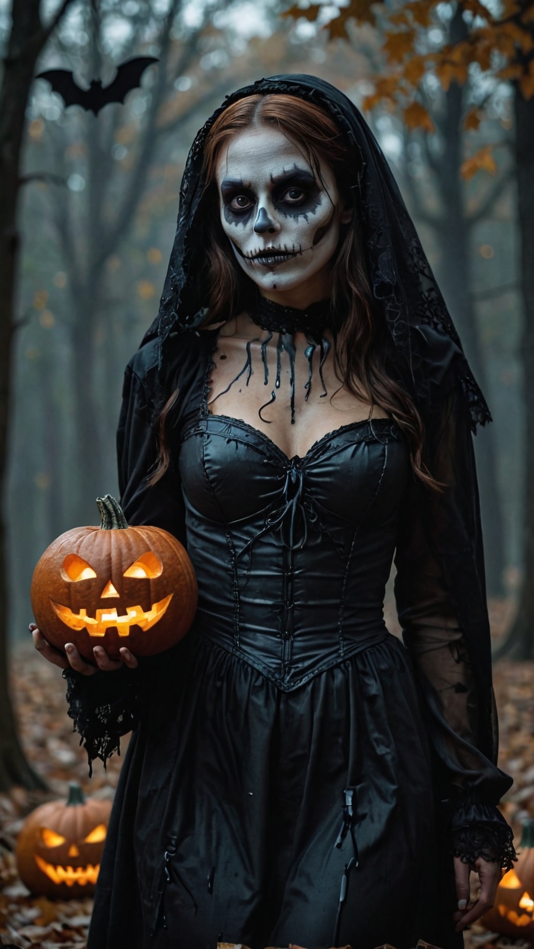 Woman in Halloween costume holding a pumpkin