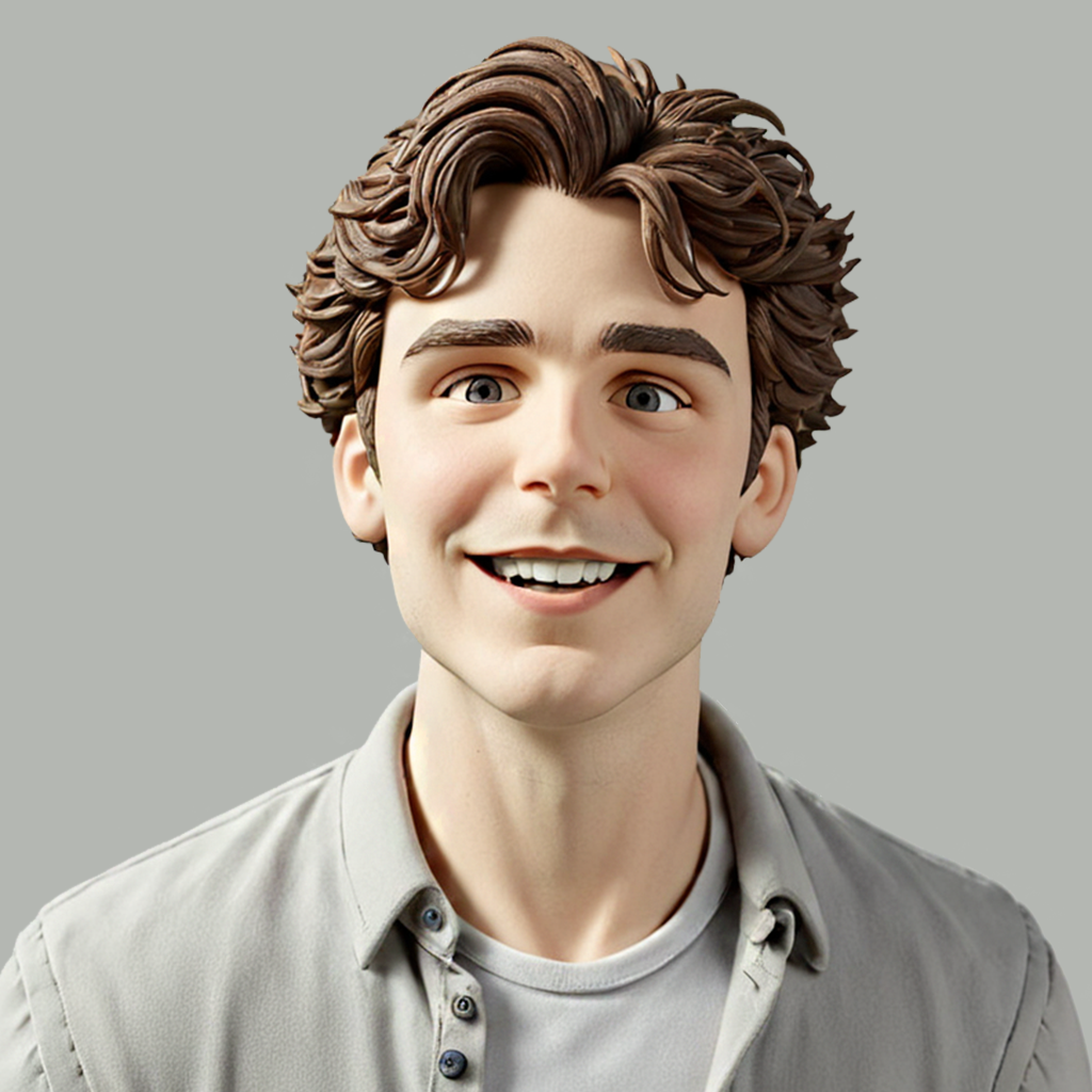 Young male character with curly hair and a friendly smile