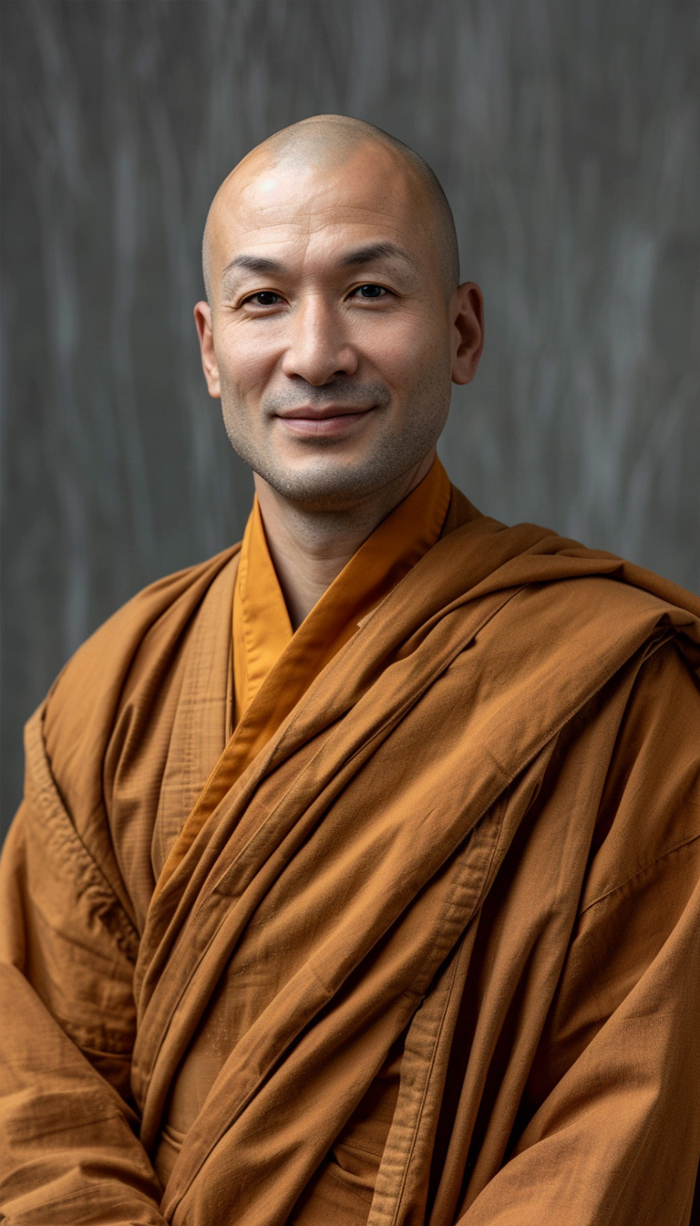 Bald Asian man in monk robe