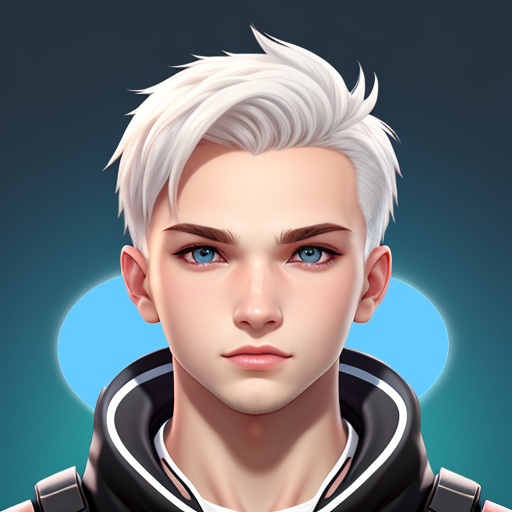 Young male with short white hair and blue eyes