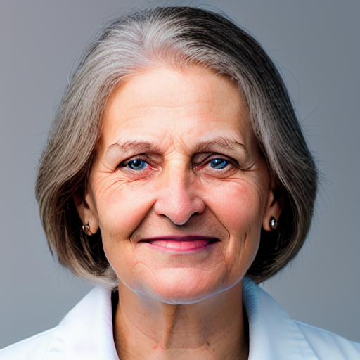 Elderly woman with gray hair and blue eyes