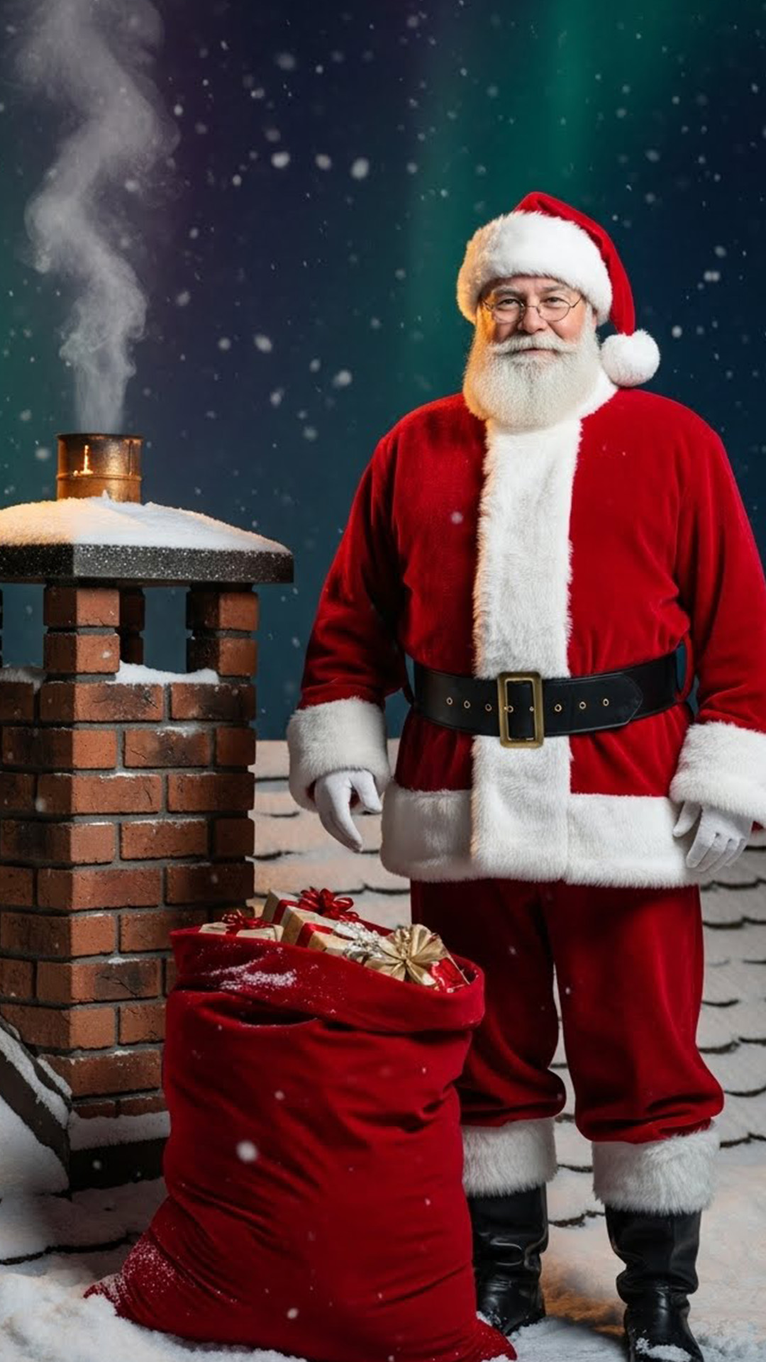 Santa Claus in a red suit standing by a chimney