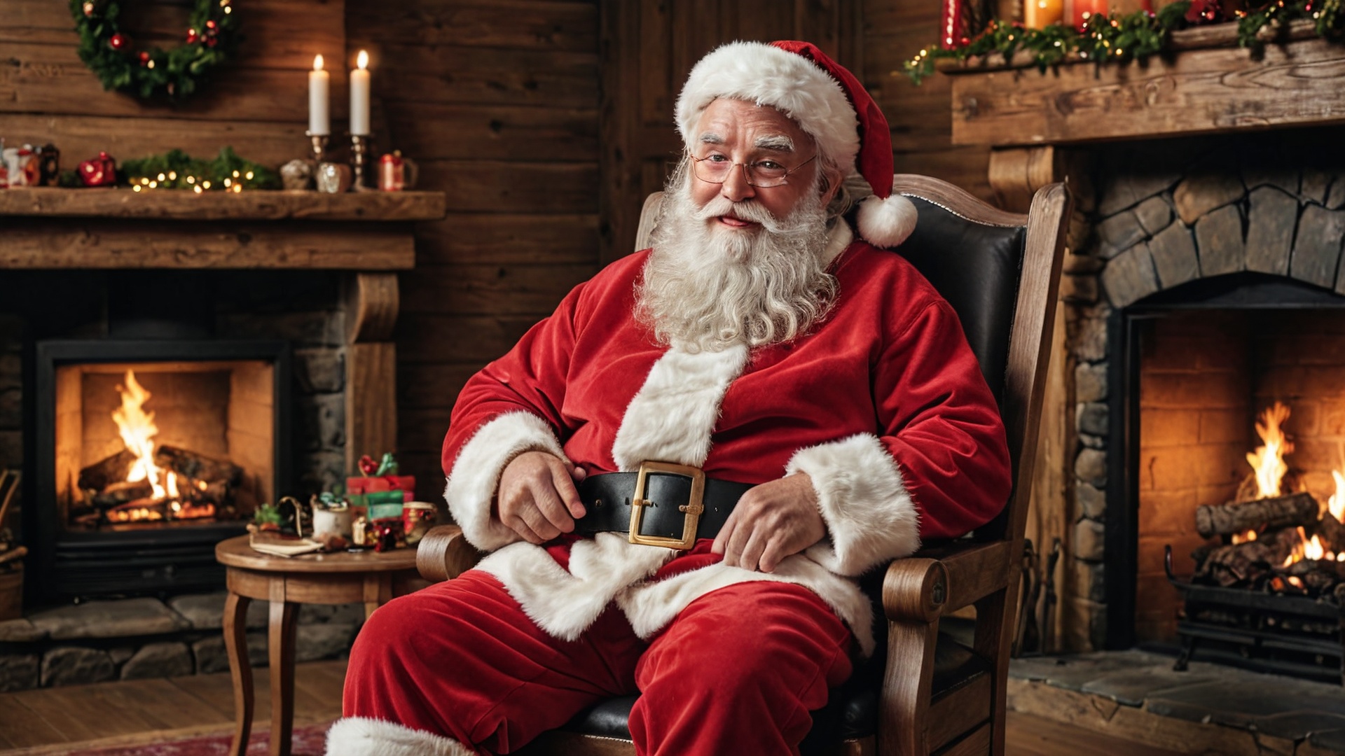 Santa Claus sitting in a cozy cabin