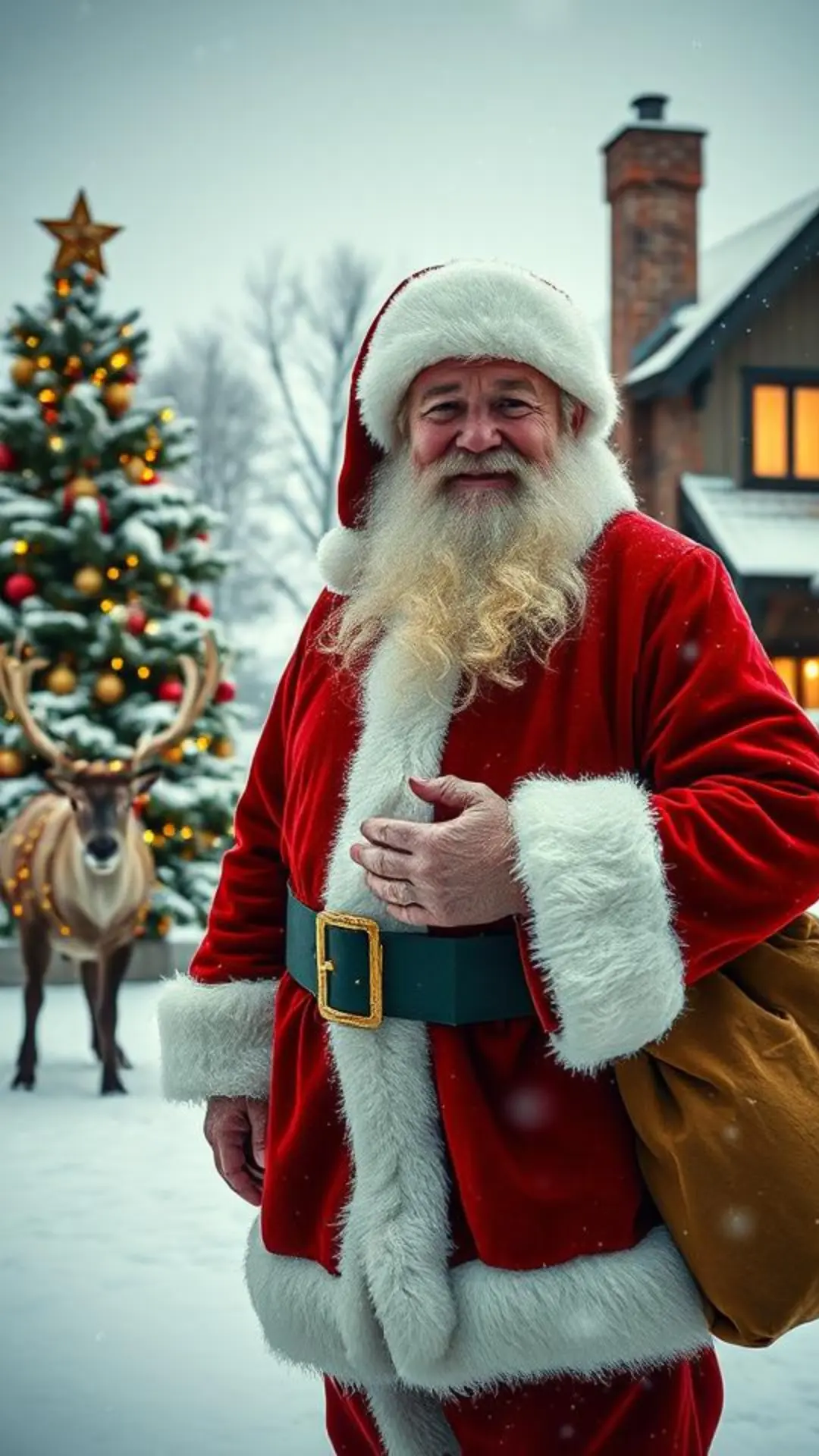 Santa Claus standing outdoors near a decorated Christmas tree