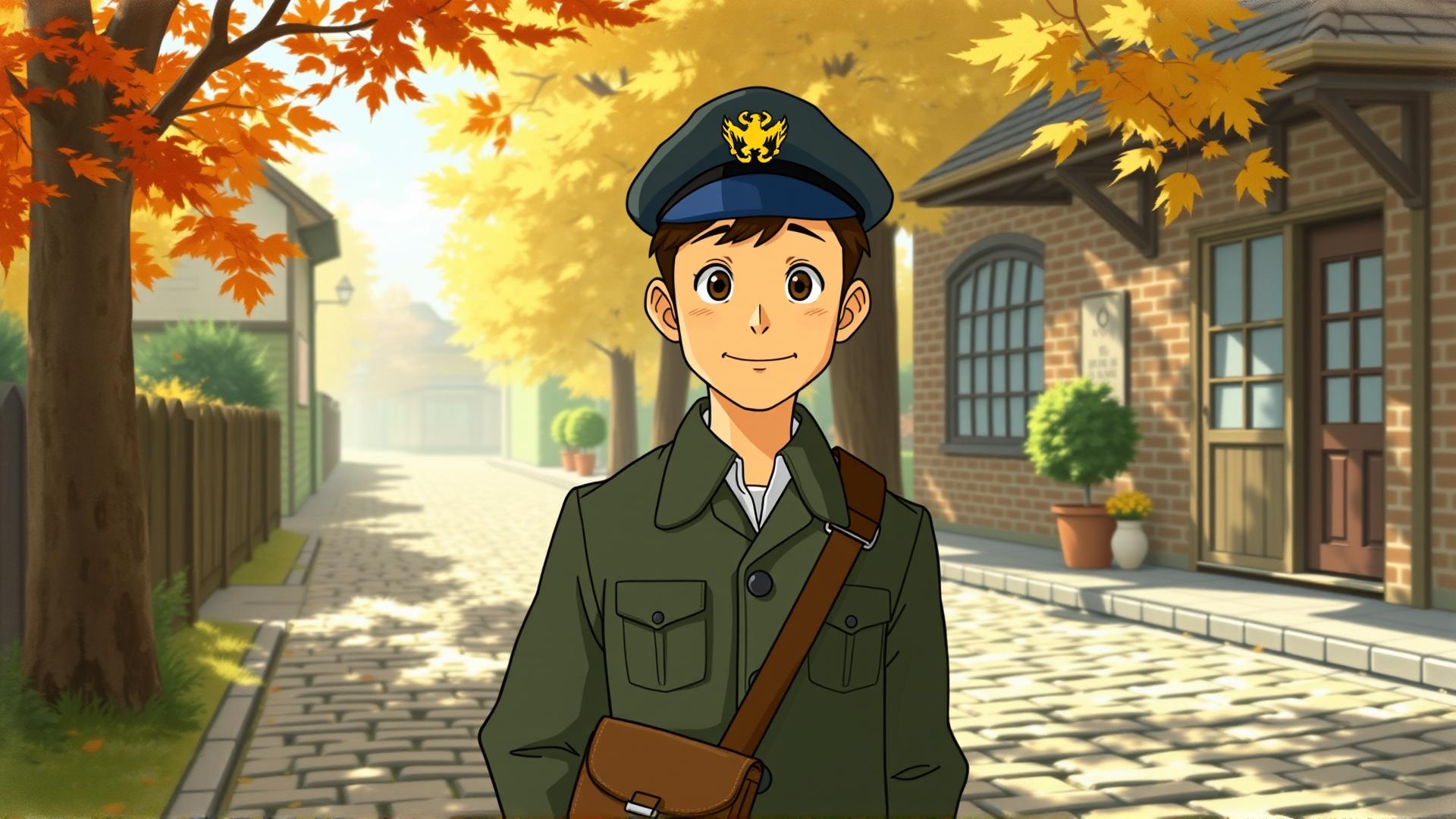 Young male in a military-style outfit with a bag