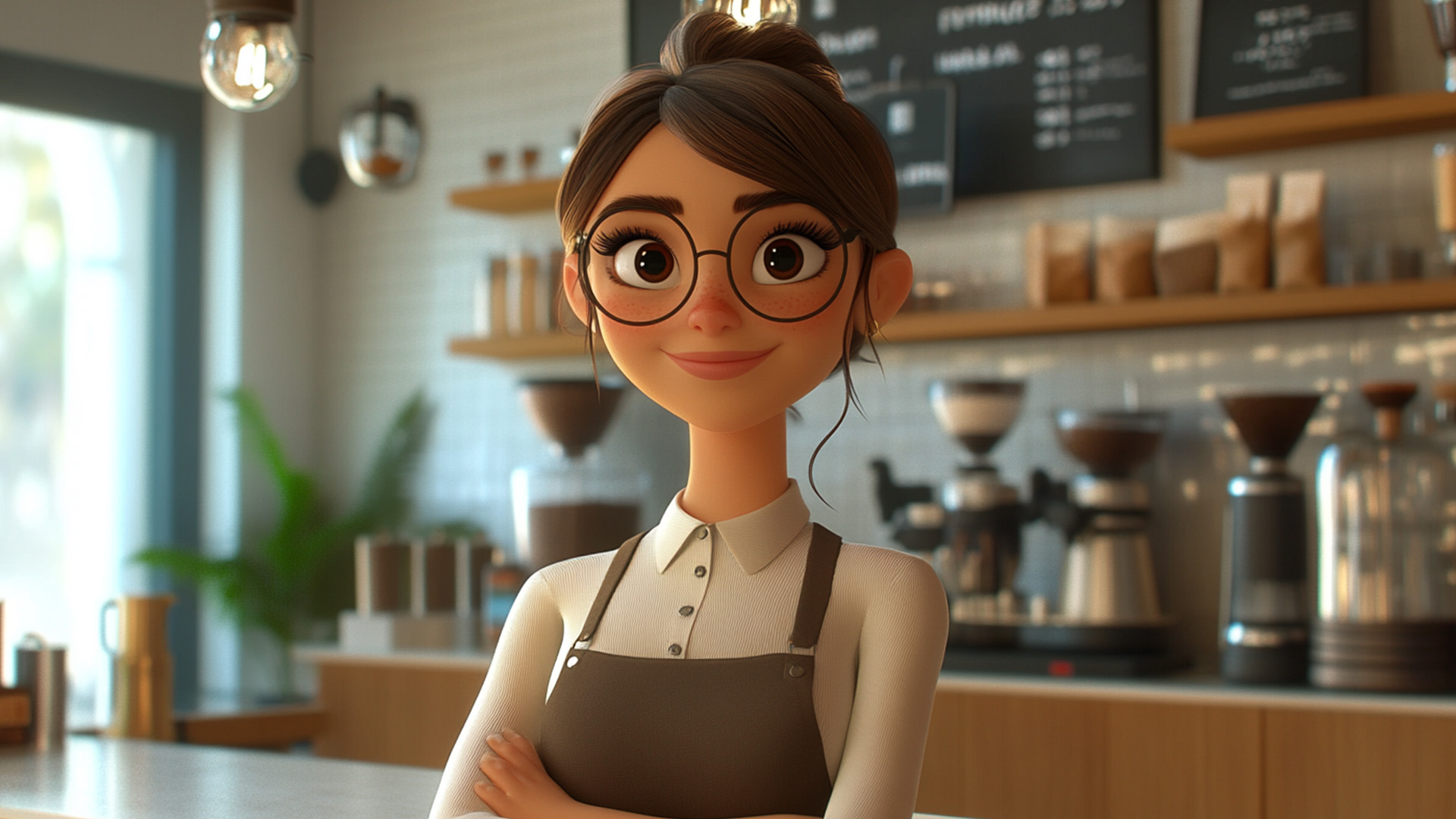 Young woman in an apron with glasses in a coffee shop