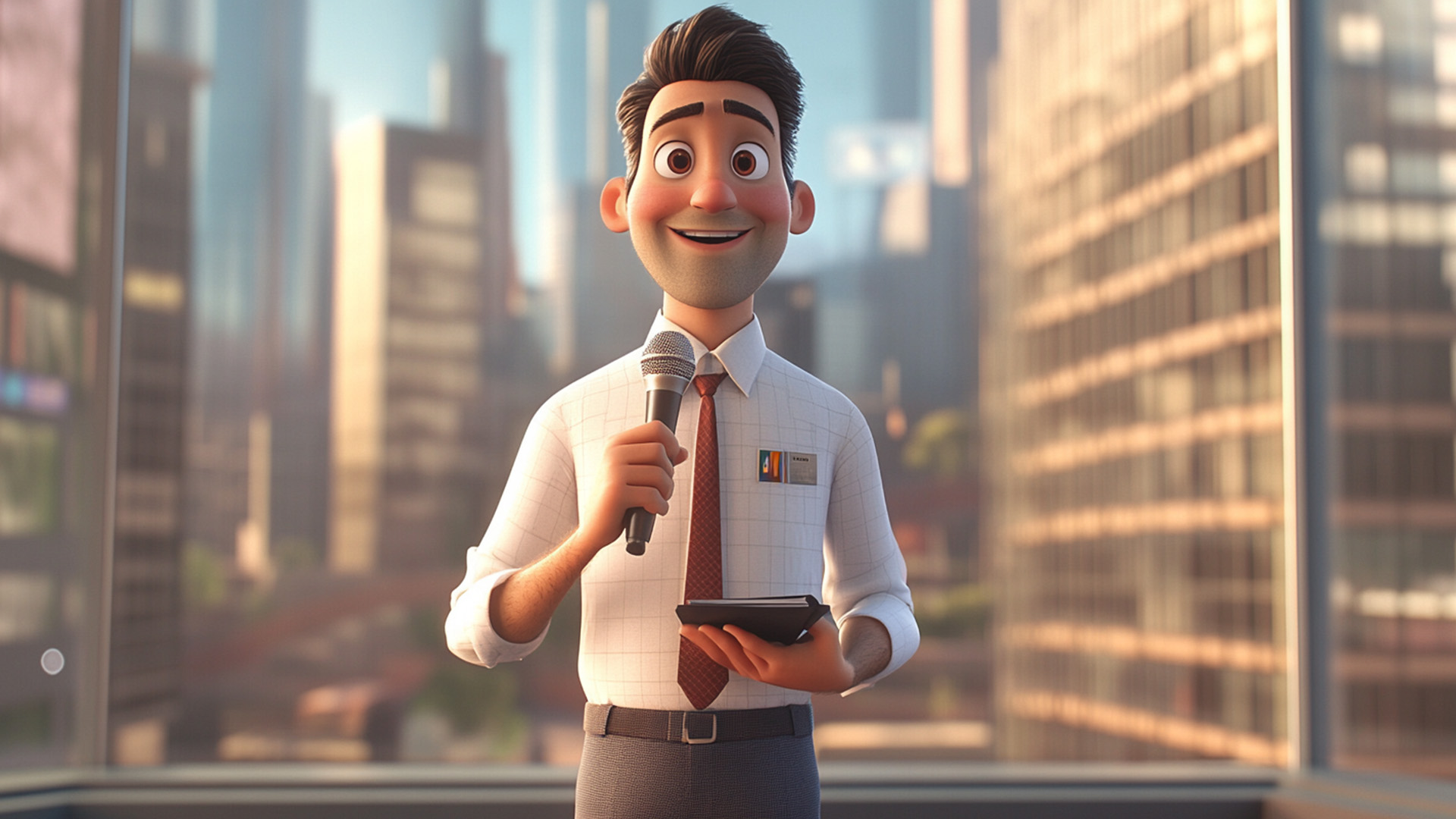 Animated young man in a business setting holding a microphone