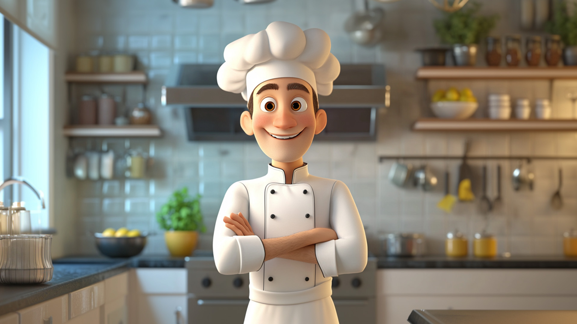 Male cartoon chef in a kitchen