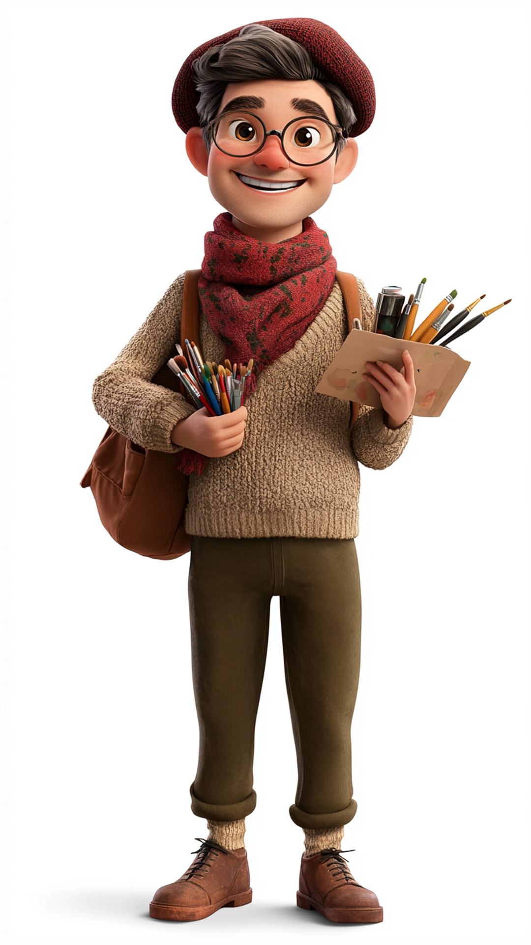 Young male character with glasses holding art supplies