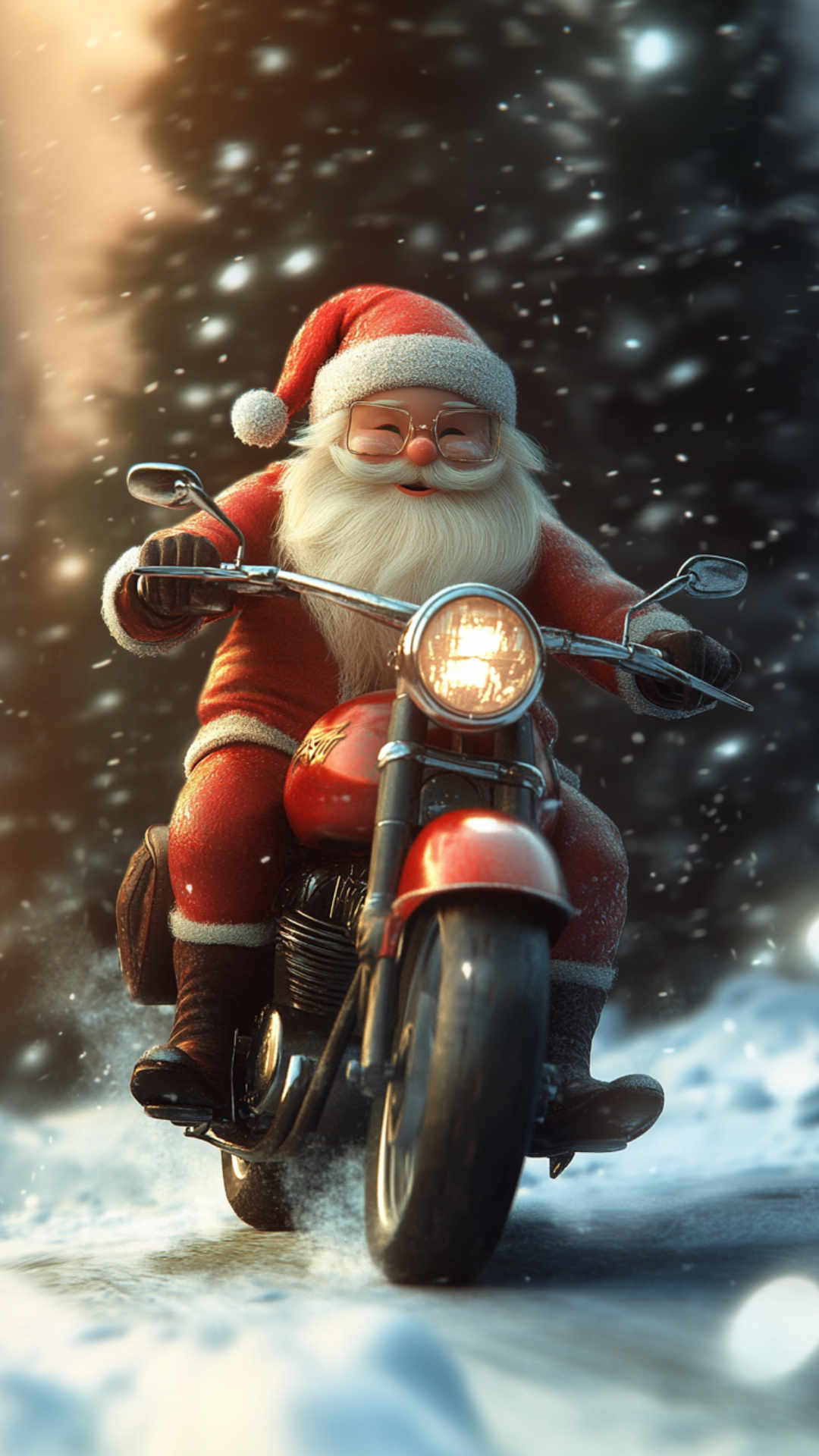 Santa Claus riding a motorcycle in the snow