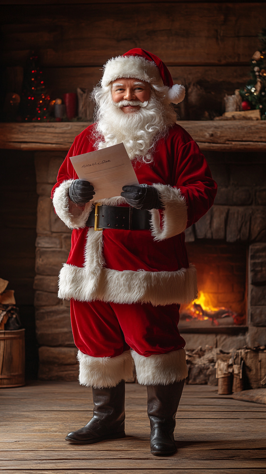 Santa Claus in traditional red suit holding a letter