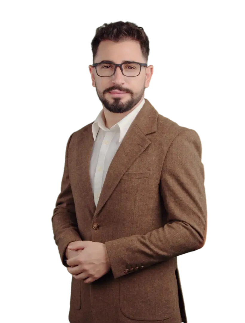 Young man in brown suit with glasses