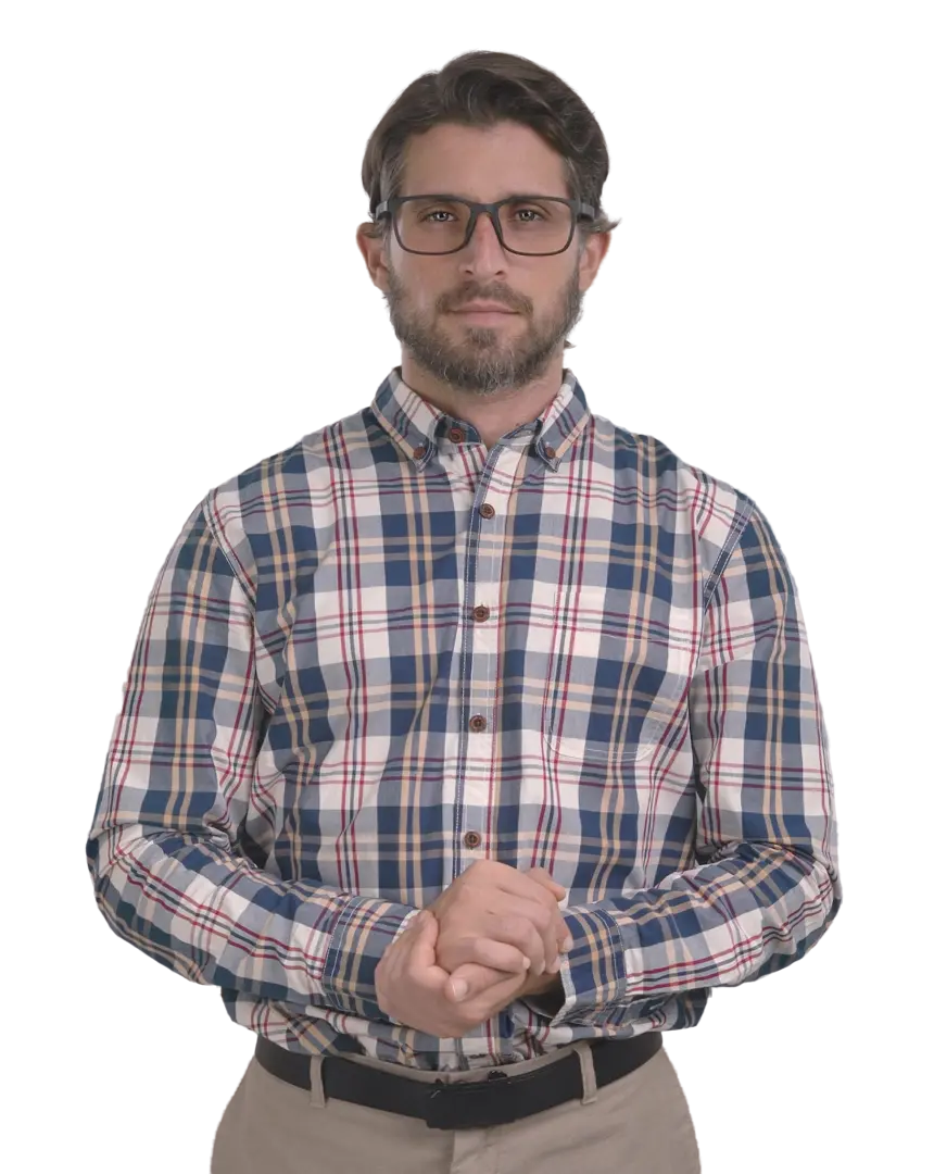 Middle-aged man in plaid shirt with glasses