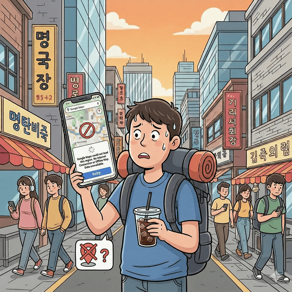 Foreign traveler using Naver Map and Kakao Map to navigate in Seoul instead of Google Maps.