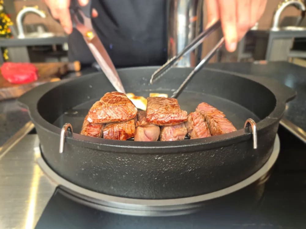 Premium 1++ Grade 9 aged Hanwoo beef being grilled at Grand Hanwoo in Gimpo, South Korea.