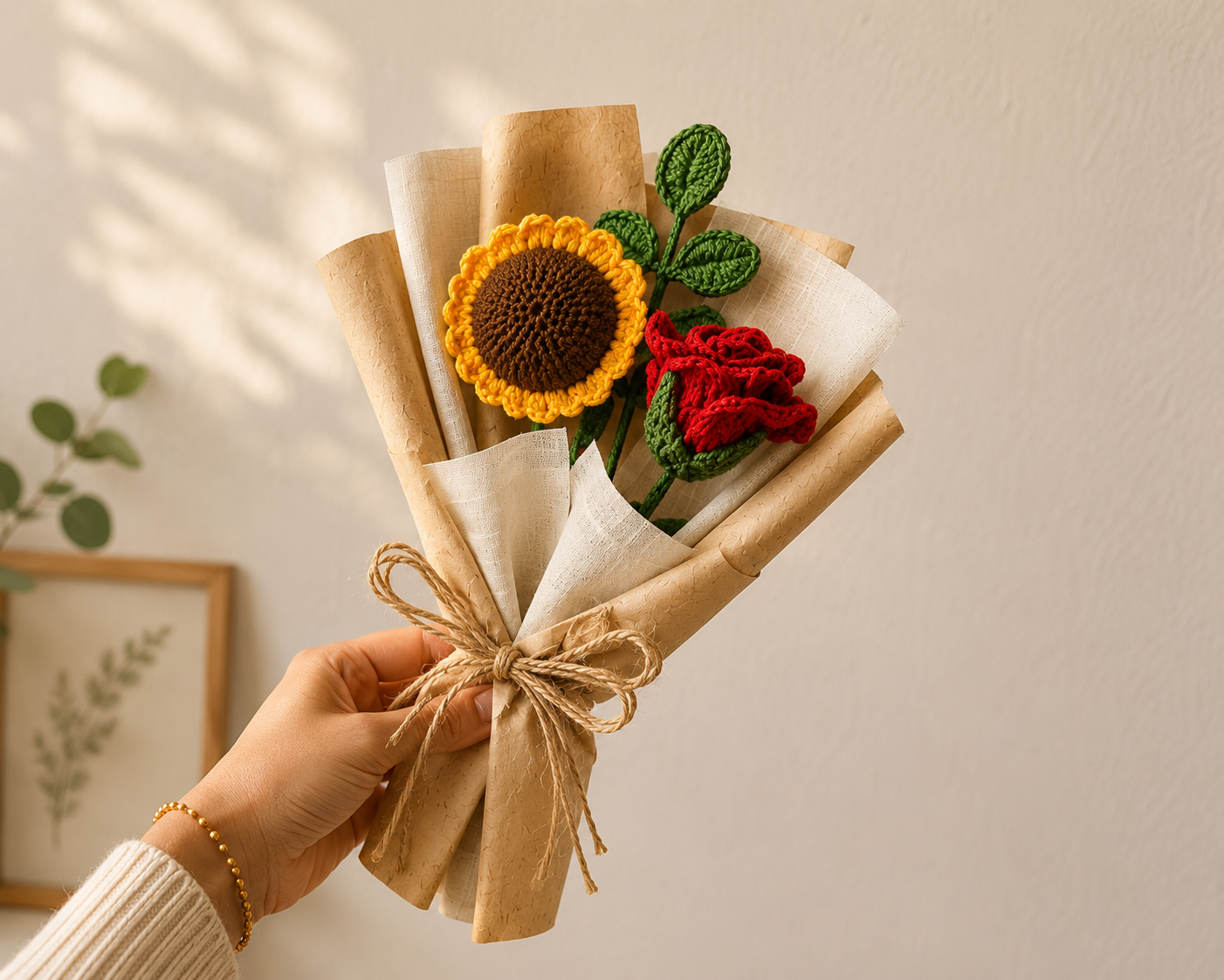 Hand holding a handcrafted crochet sunflower and red rose bouquet wrapped in kraft paper and linen fabric against a warm neutral wall.