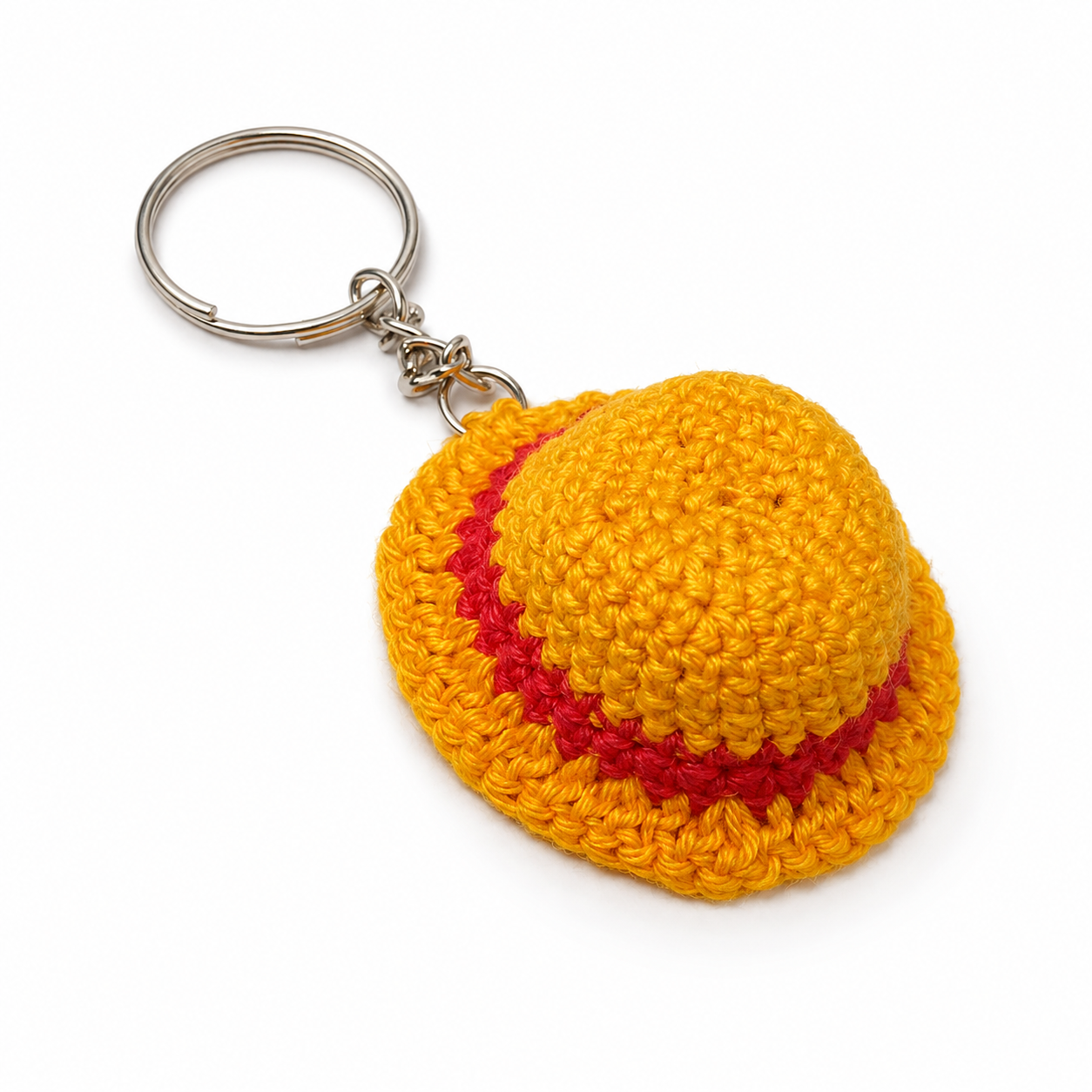 Sunny Hat Keychain product photo, bright yellow mini hat charm with red band and metal keyring on a plain white background.