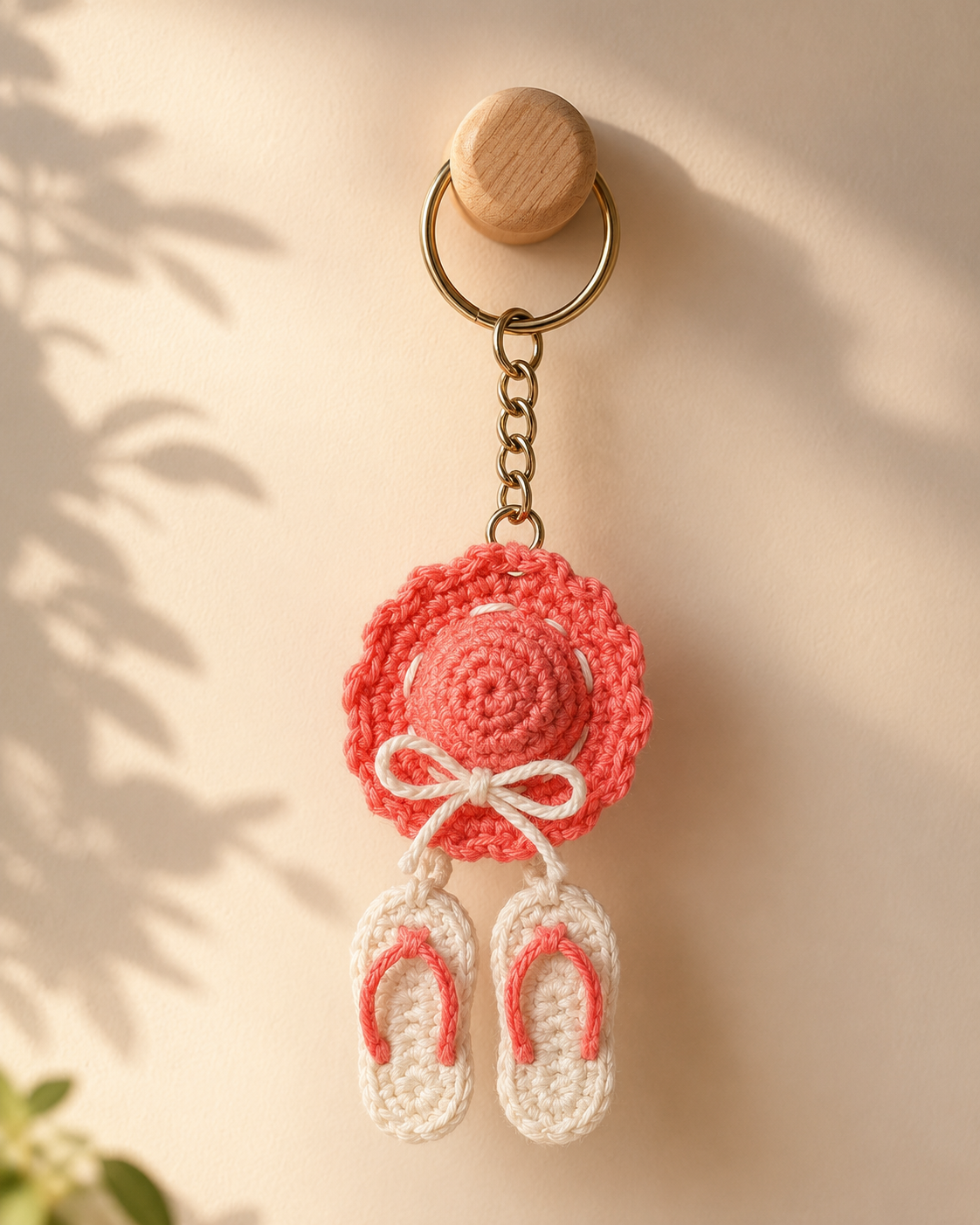 Coral Beach Hat & Sandals Keychain hanging on a wooden wall hook, coral pink hat charm with white bow and matching cream sandals.