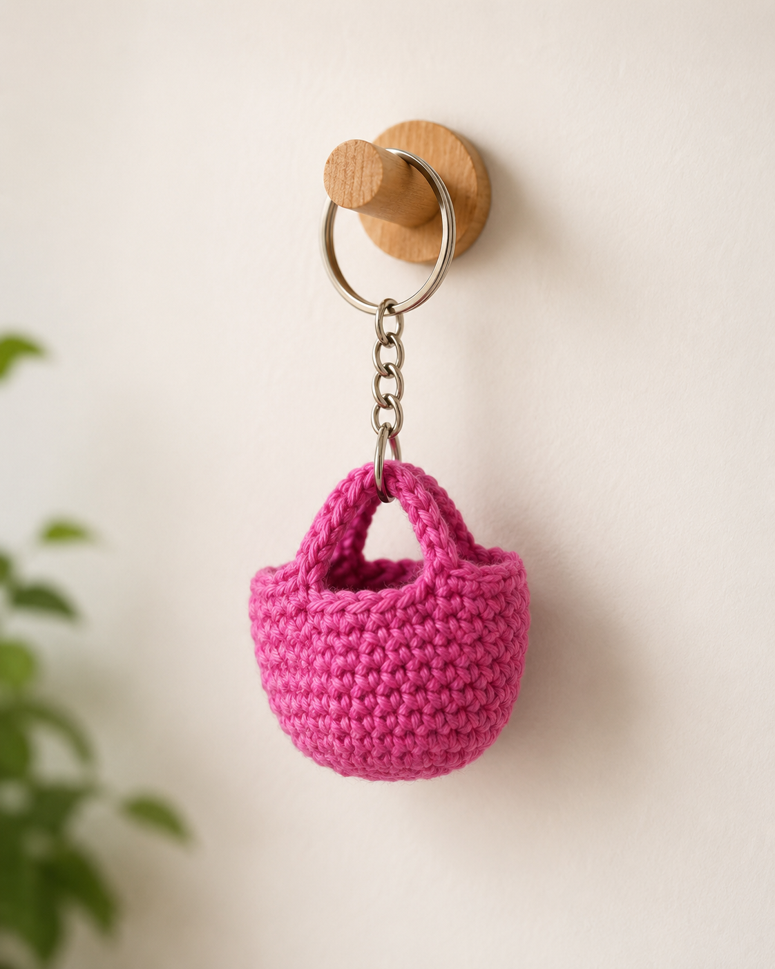 Pink Basket Keychain hanging on a wooden wall hook, bright pink mini basket charm with metal keyring and chain.