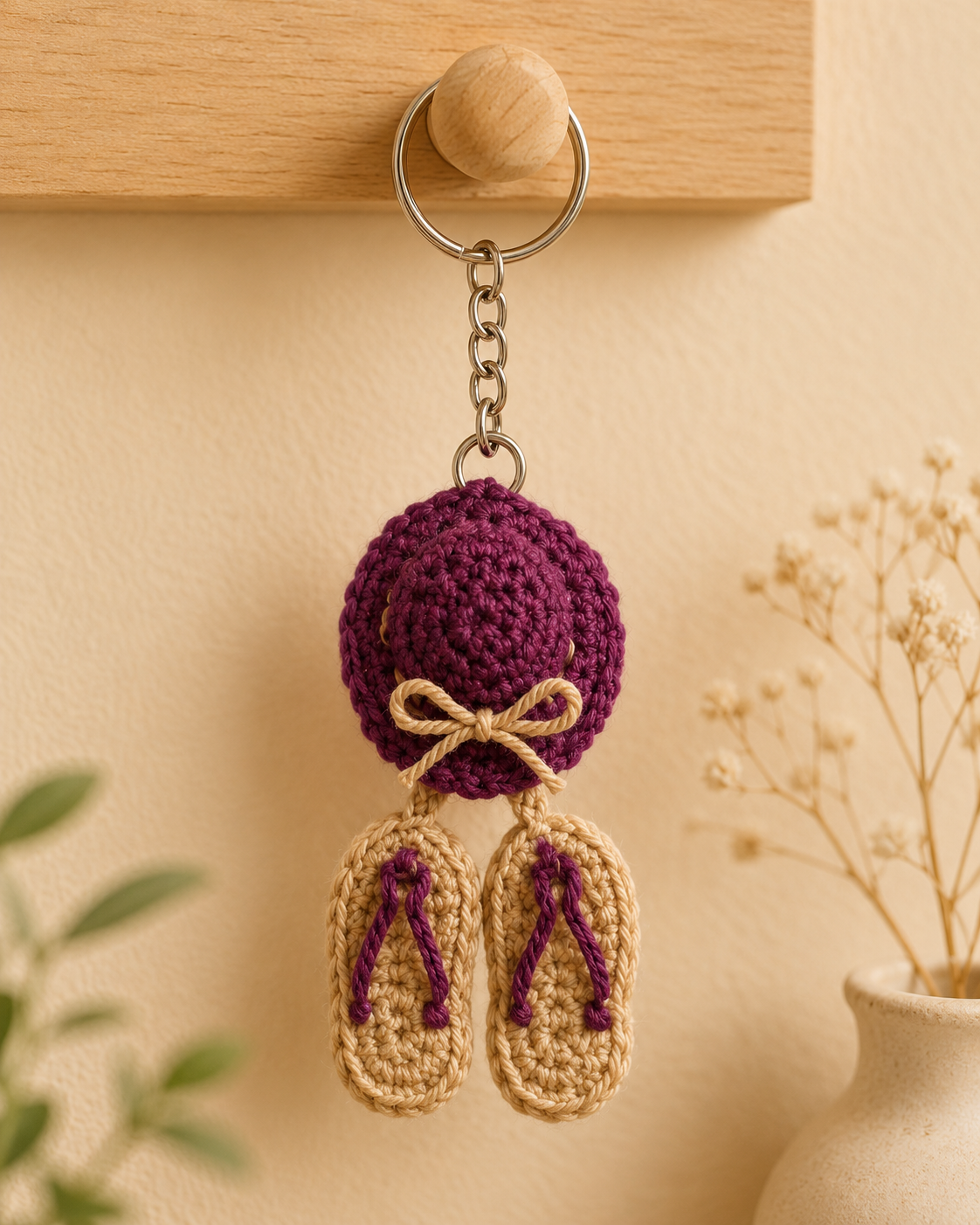 Plum Beach Hat & Sandals Keychain hanging on a wooden wall hook, deep plum hat charm with beige bow and matching sandals.