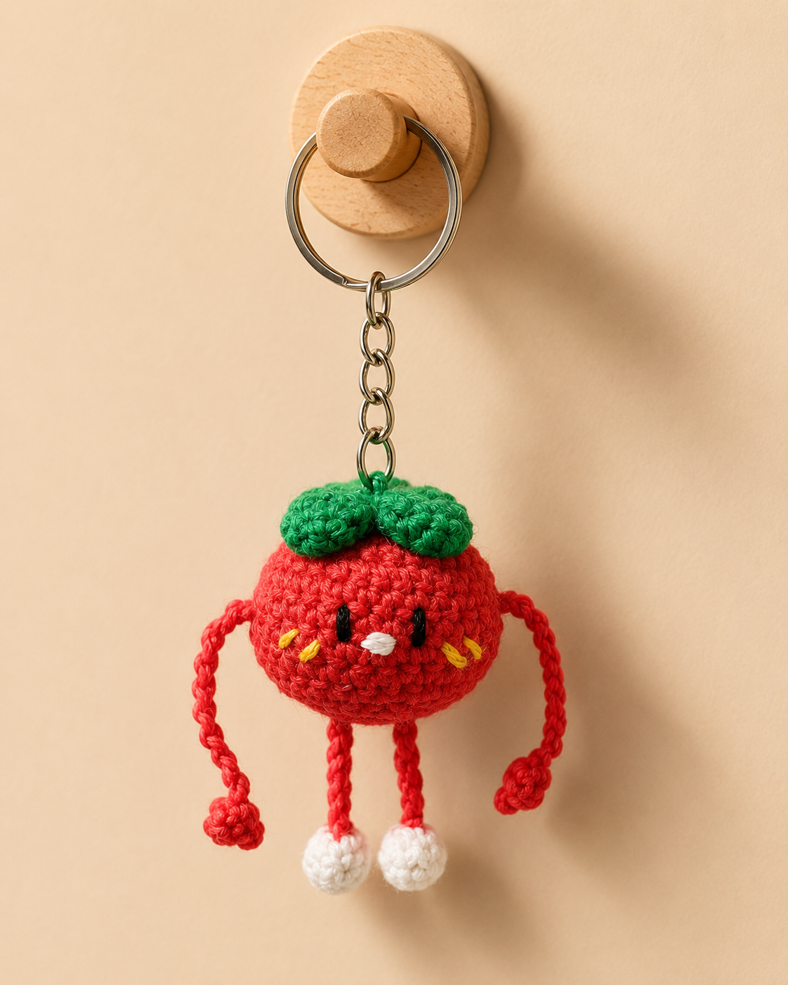 Tomato Buddy Keychain hanging on a wooden wall hook, cute red tomato character charm with green leaf detail, arms and white feet.