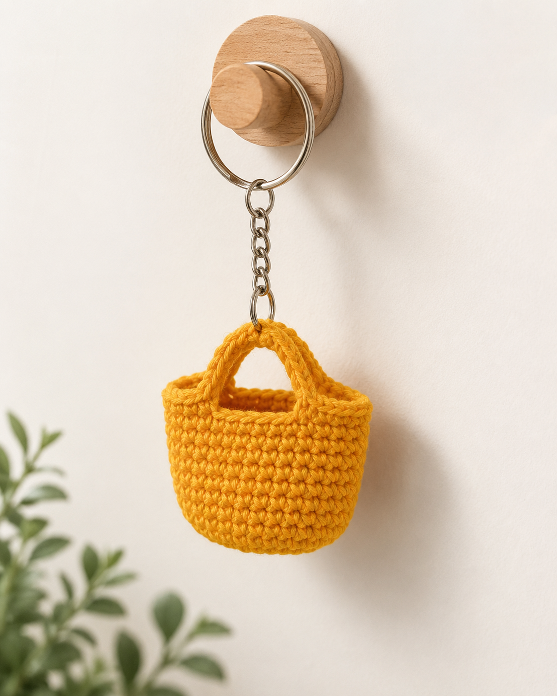 Sunshine Basket Keychain hanging on a wooden wall hook, bright yellow mini basket charm with metal keyring and chain.