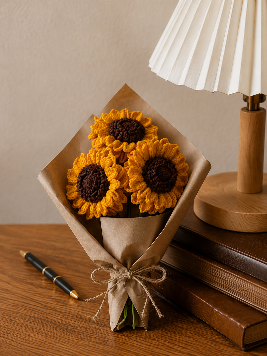 Sunny Meadow Bouquet with three yellow crochet sunflower blooms in kraft wrap, styled on a wooden table beside a lamp and books.