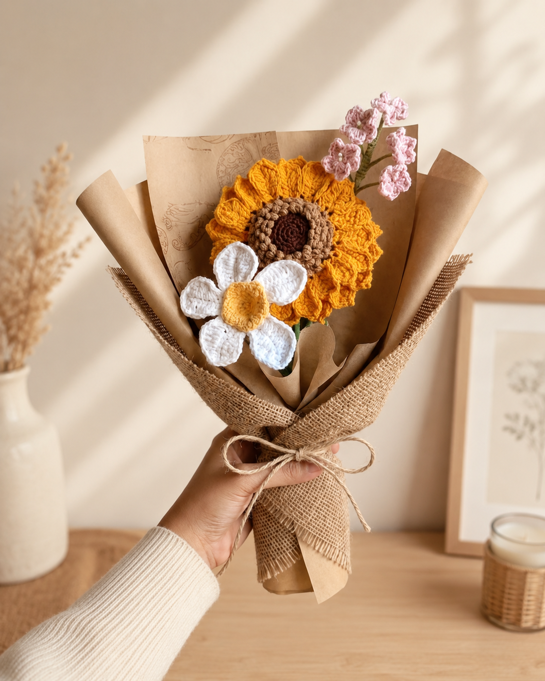 Sunlit Daisy Bloom Bouquet held by hand, featuring a yellow sunflower, white daisy, pink accent flowers, kraft wrapping, burlap wrap, and jute bow.