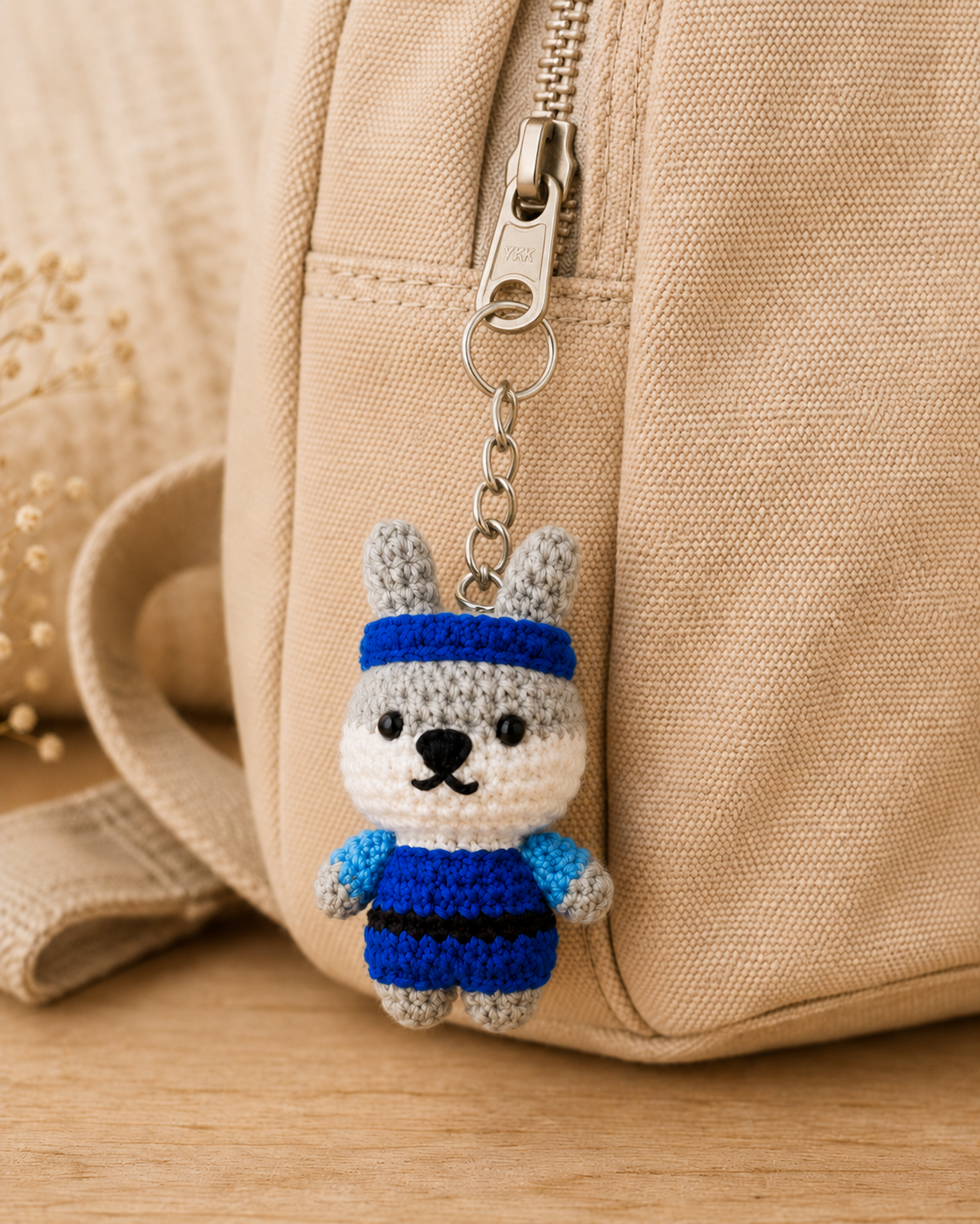 A small, handmade crochet plush charm of Judy Hopps from Zootopia wearing her blue police uniform and headband, hanging from the silver zipper pull of a beige canvas backpack.