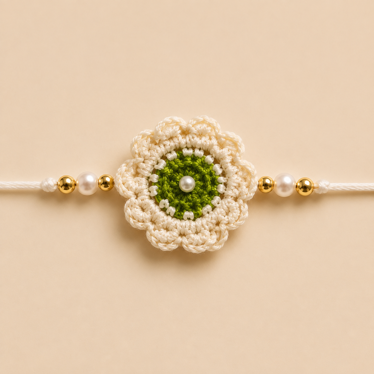 Close-up of ivory flower rakhi with green center, pearl-style center bead, white pearl beads, gold-tone side beads, and white tying thread.