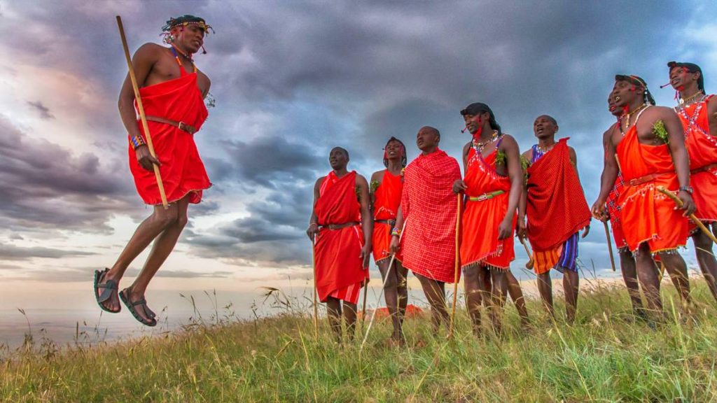 Maasai warriors performing traditional jumping dance in their village