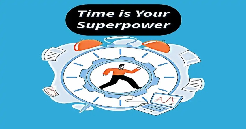 Time Is Your Superpower Person inside stopwatch with productivity icons