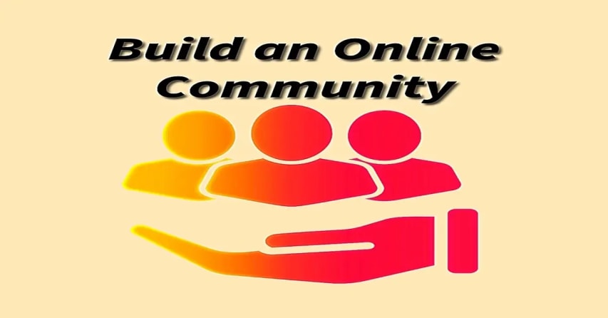 Three colorful figures above a gradient hand with the text “Build an Online Community”